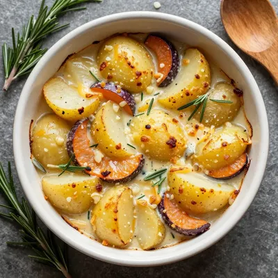 warm winter vegetable and potato gratin with garlic and rosemary for dinners