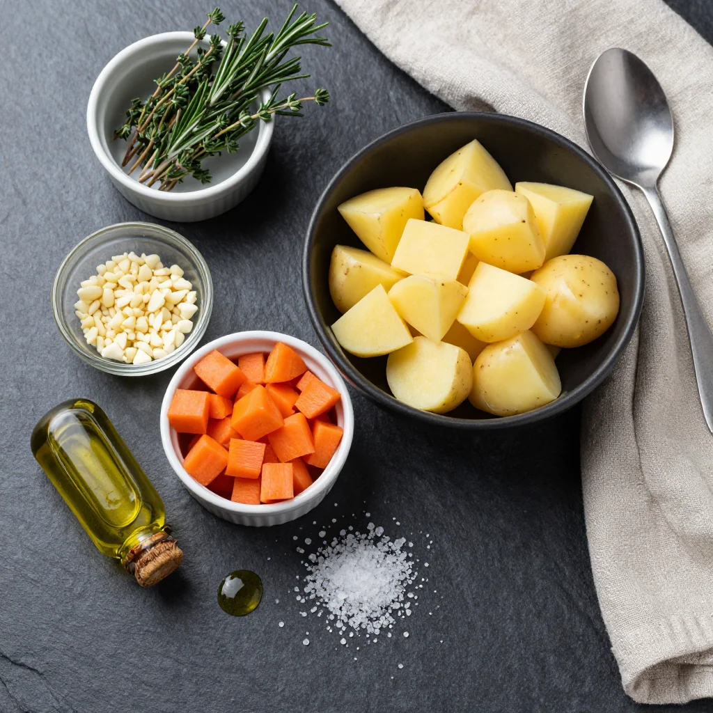 Ingredients for batch cook hearty root vegetable stew with fresh herbs and garlic