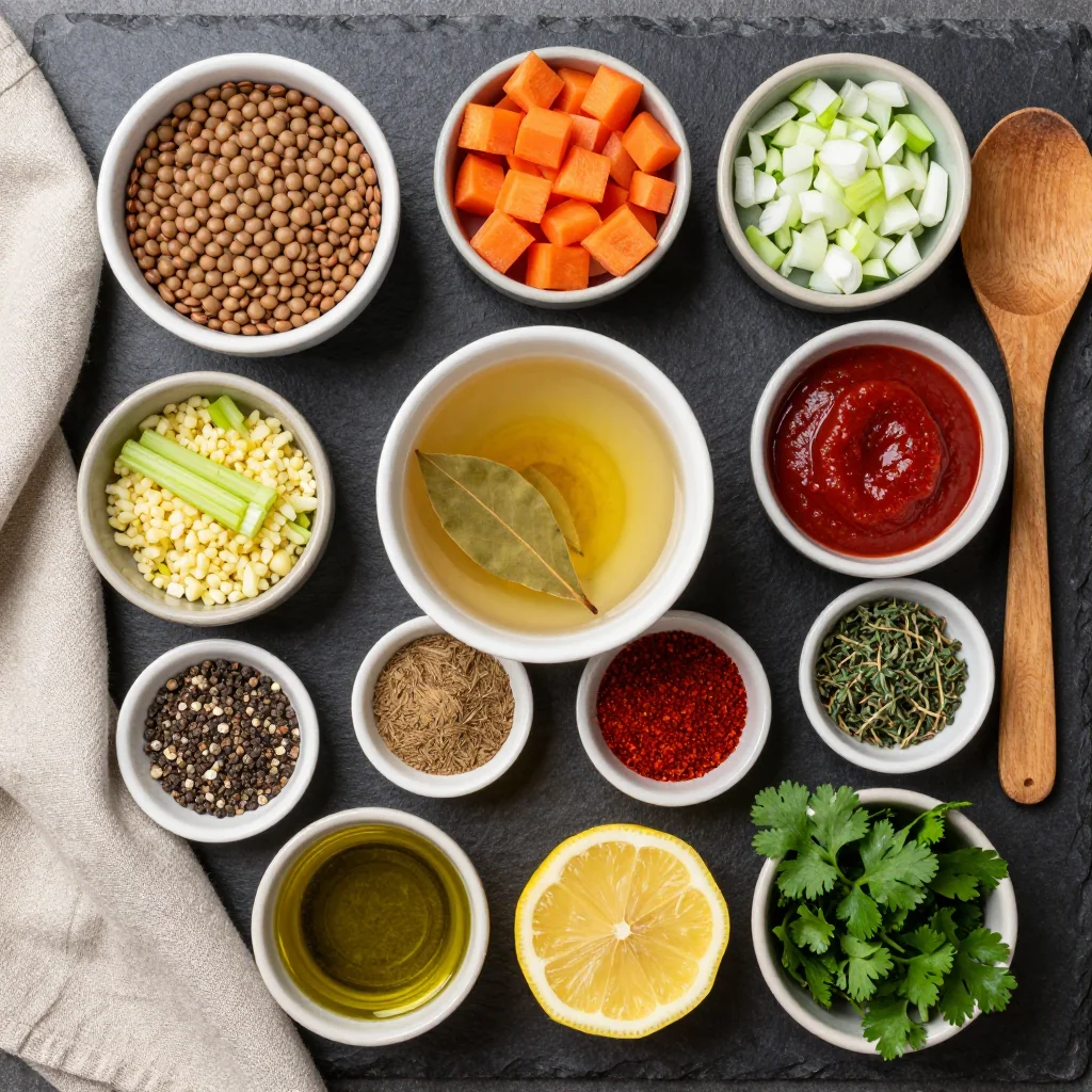 Lentil and carrot stew ingredients laid out on a wooden board
