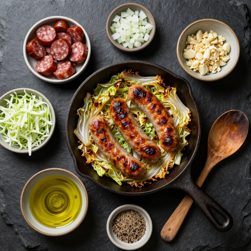 Ingredients for budgetfriendly cabbage and sausage skillet for filling winter family meals