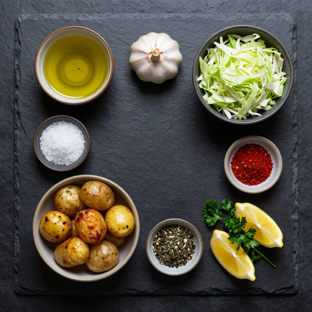 Ingredients for budget-friendly garlic roasted potatoes and cabbage for cold evenings