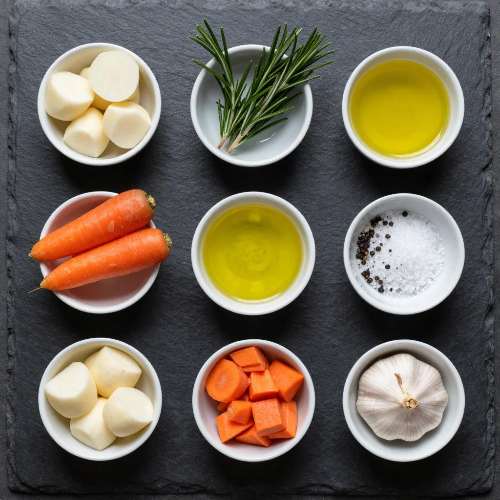 Ingredients for budget-friendly roasted turnips and carrots with rosemary for winter