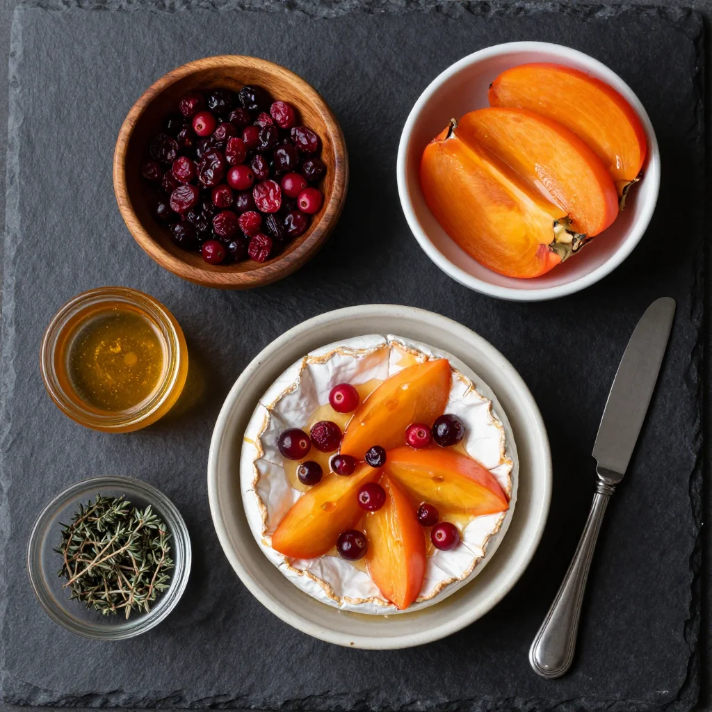 Ingredients for cheesy baked brie with persimmons and cranberries for holiday parties