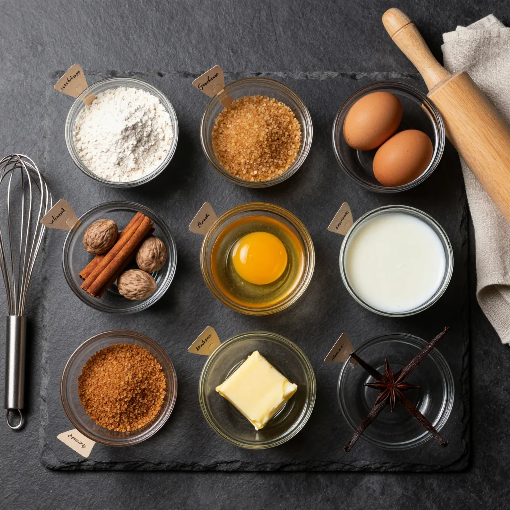 Cinnamon roll casserole ingredients arranged on a wooden board