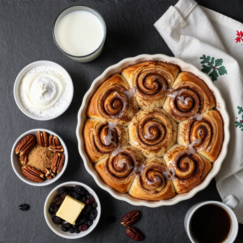 Ingredients for cinnamon roll casserole with cream cheese icing for festive brunch