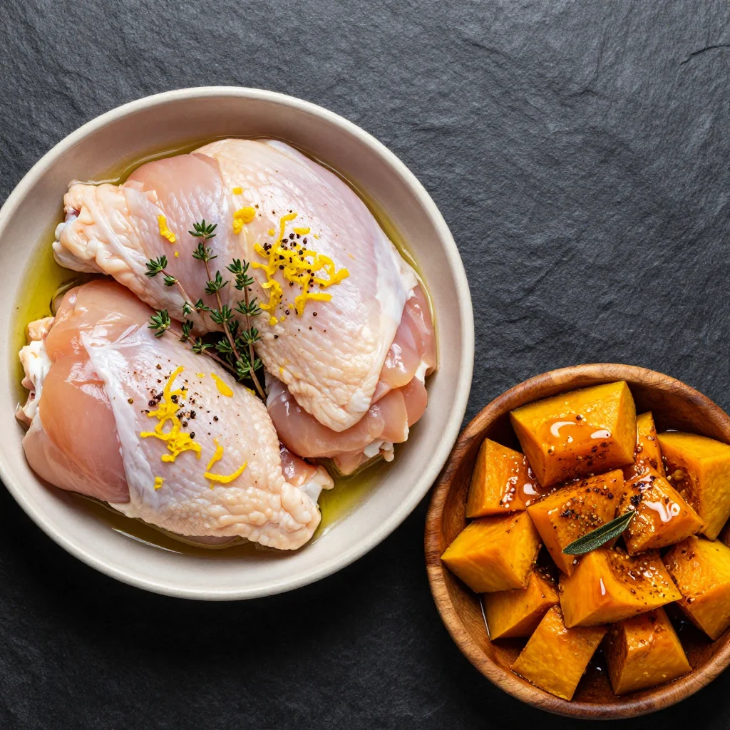 Ingredients for citrusinfused chicken and roasted winter squash for cozy dinners