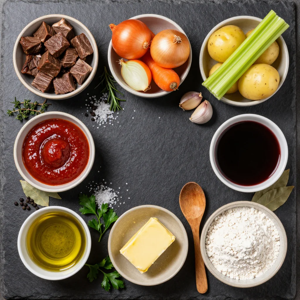 Ingredients for comforting slow cooker beef and carrot stew for cold winter suppers