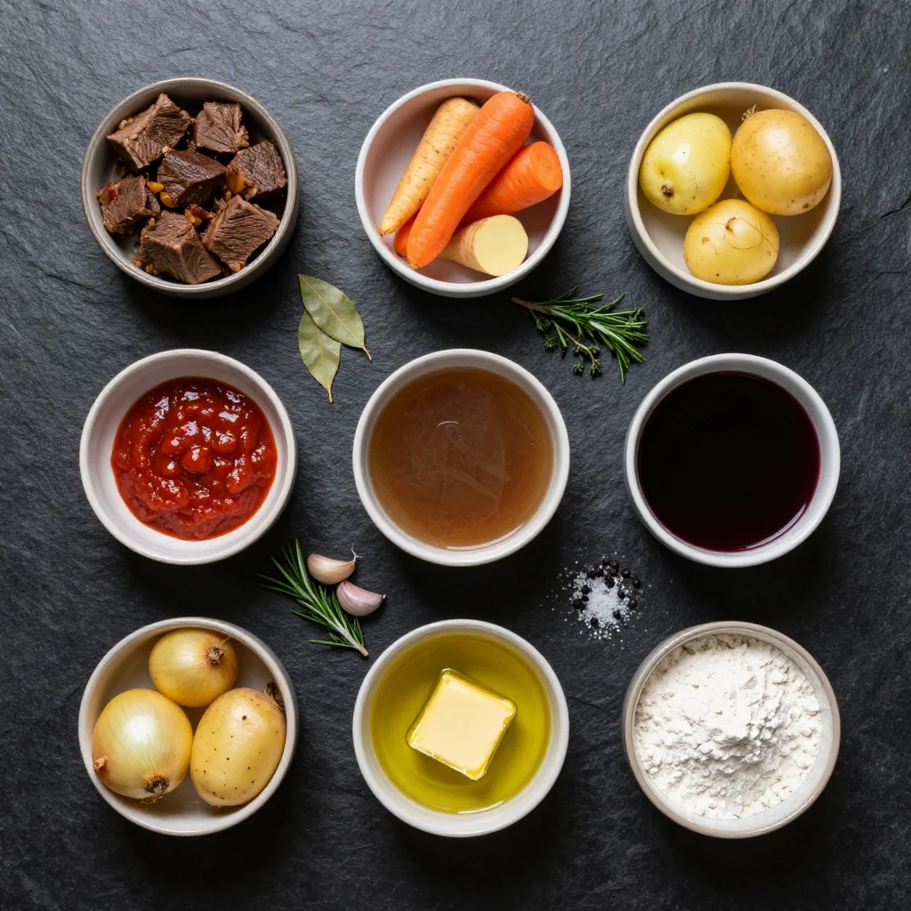 Ingredients for comforting slow cooker beef stew with root vegetables and rosemary
