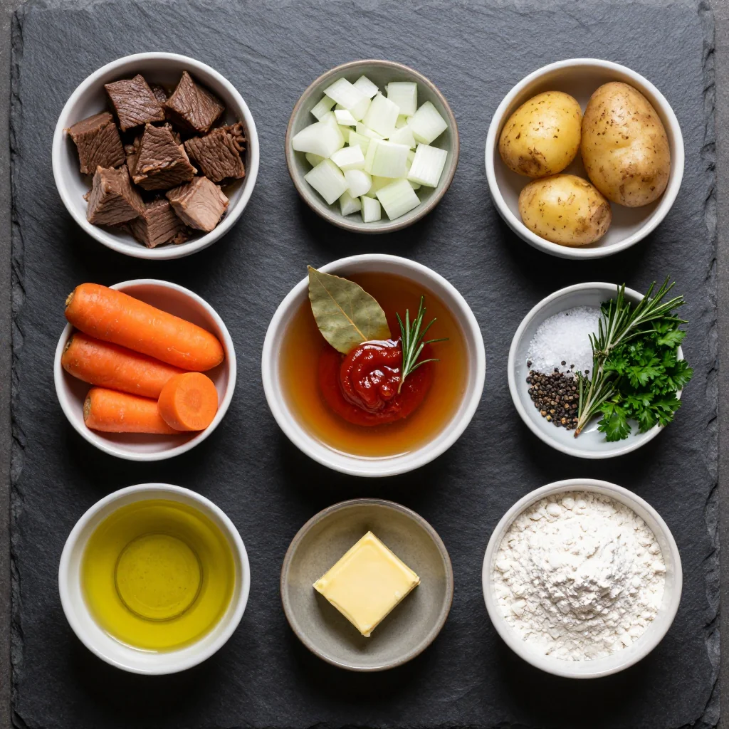 Ingredients for cozy slow cooker beef and carrot stew with fresh herbs for weeknights