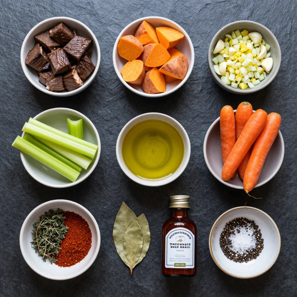 Ingredients for cozy slow cooker beef and sweet potato casserole for family meals