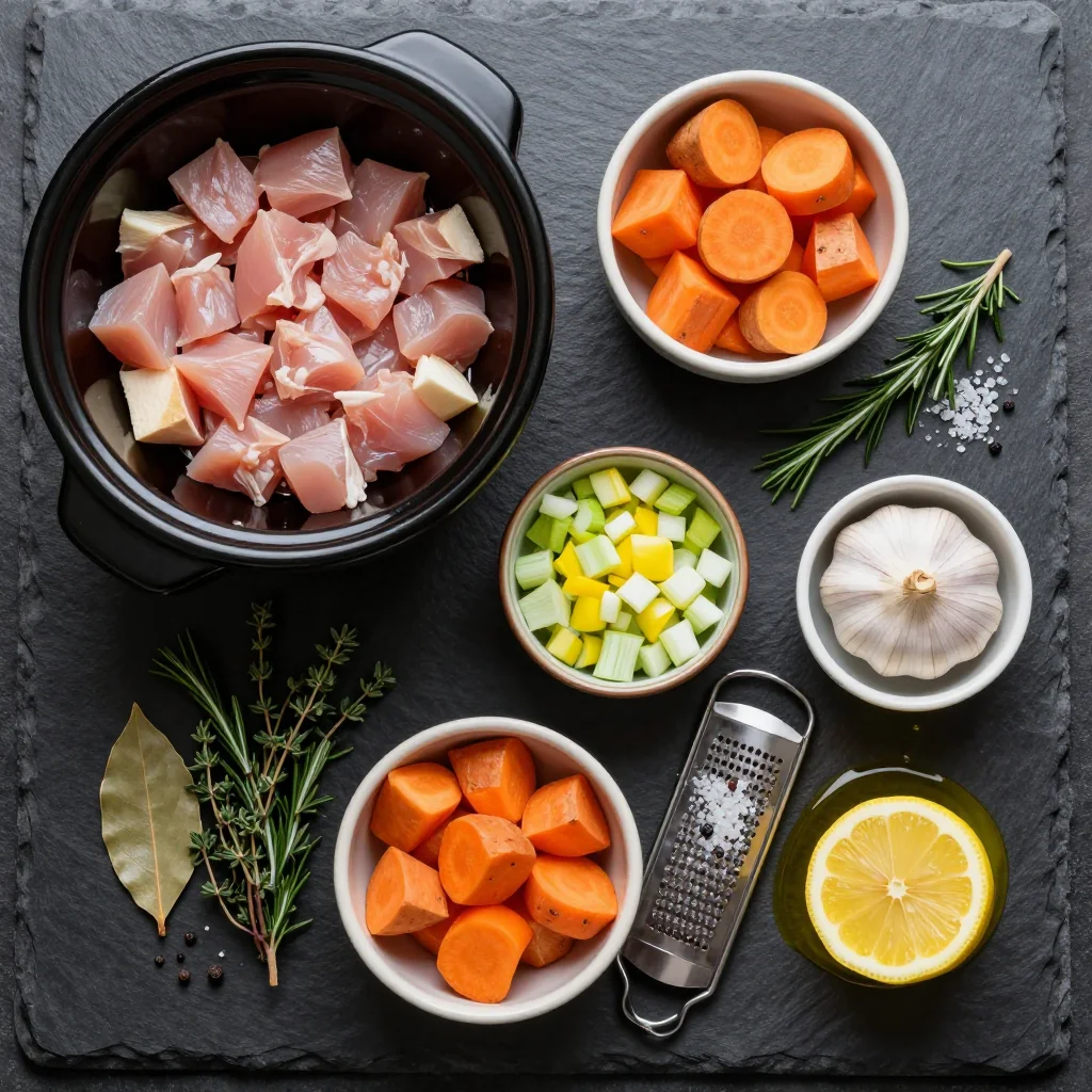 Ingredients for cozy slow cooker turkey and root vegetable soup with lemon zest