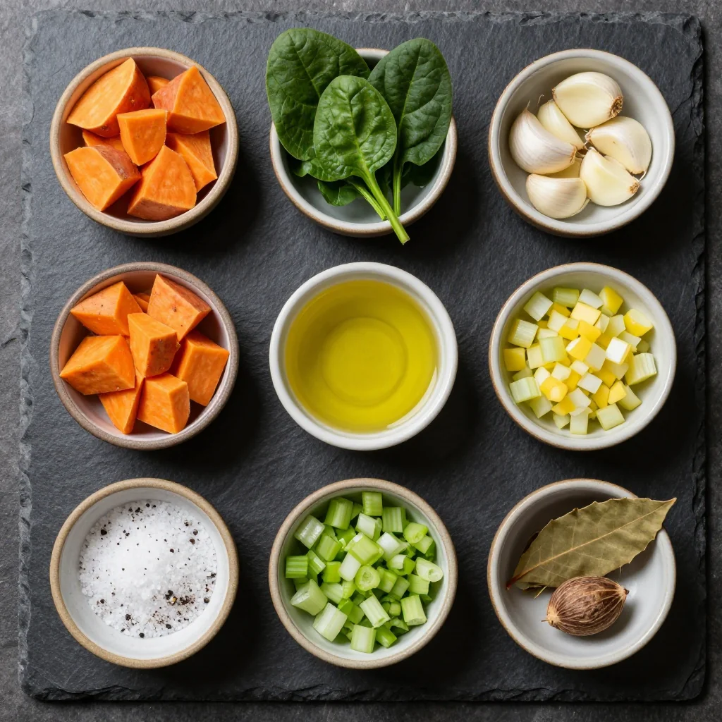 Sweet potatoes, spinach, garlic, and soup essentials neatly arranged on a wooden board