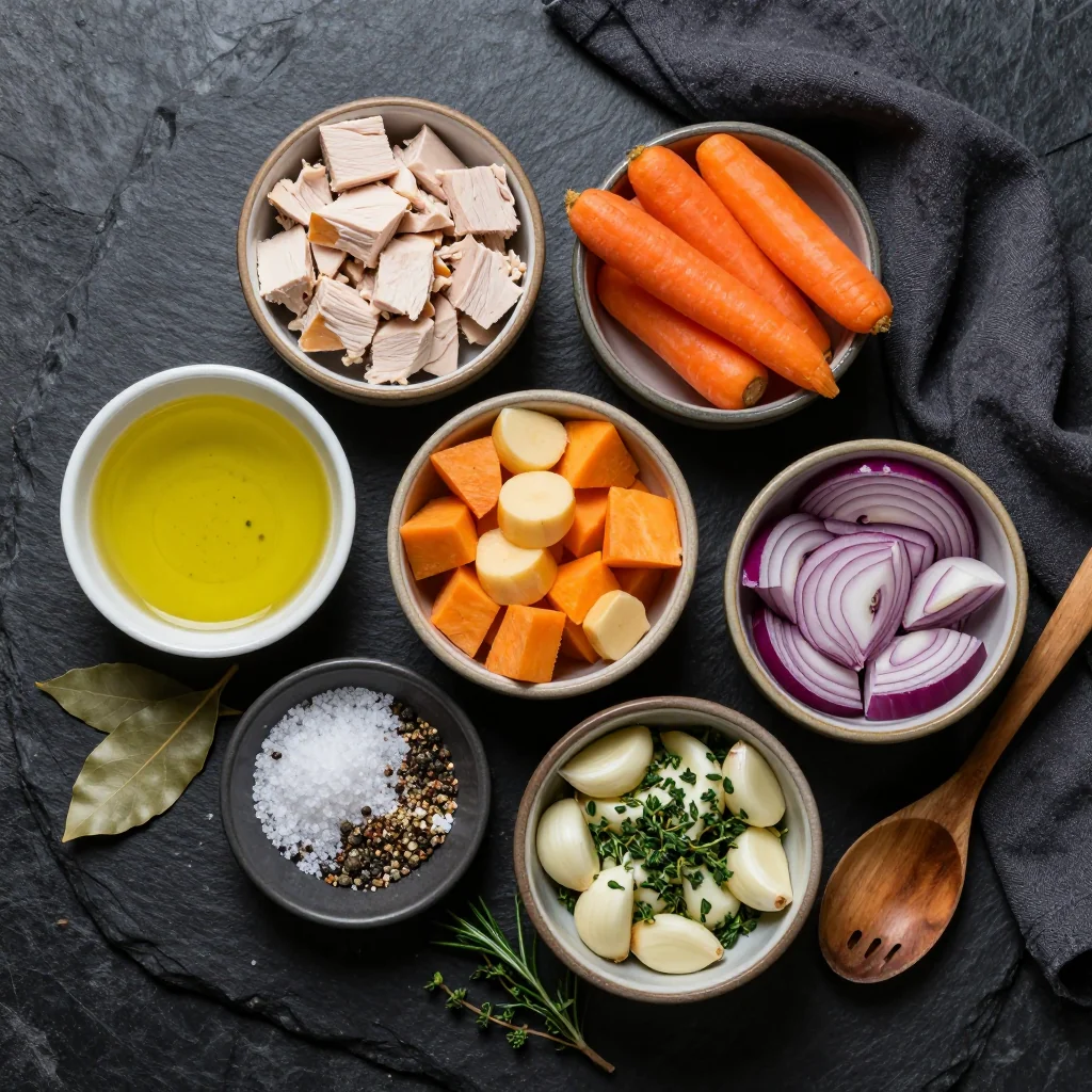 Ingredients for cozy winter slow cooker turkey and root vegetable stew for families