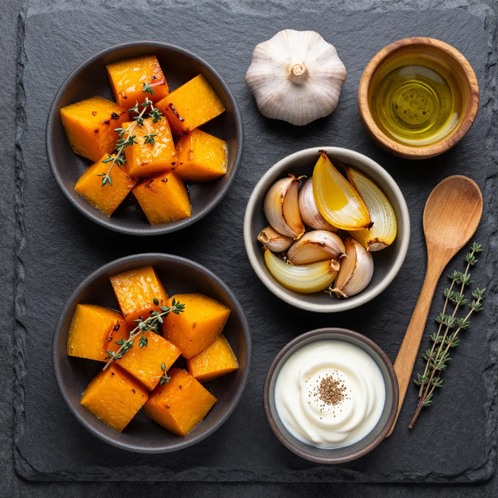Ingredients for creamy butternut squash soup with roasted garlic and thyme