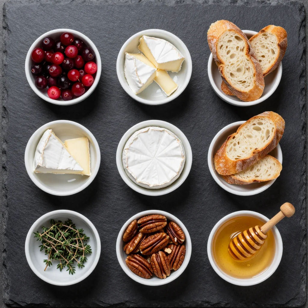 Ingredients for creamy cranberry and brie crostini for new years eve appetizers
