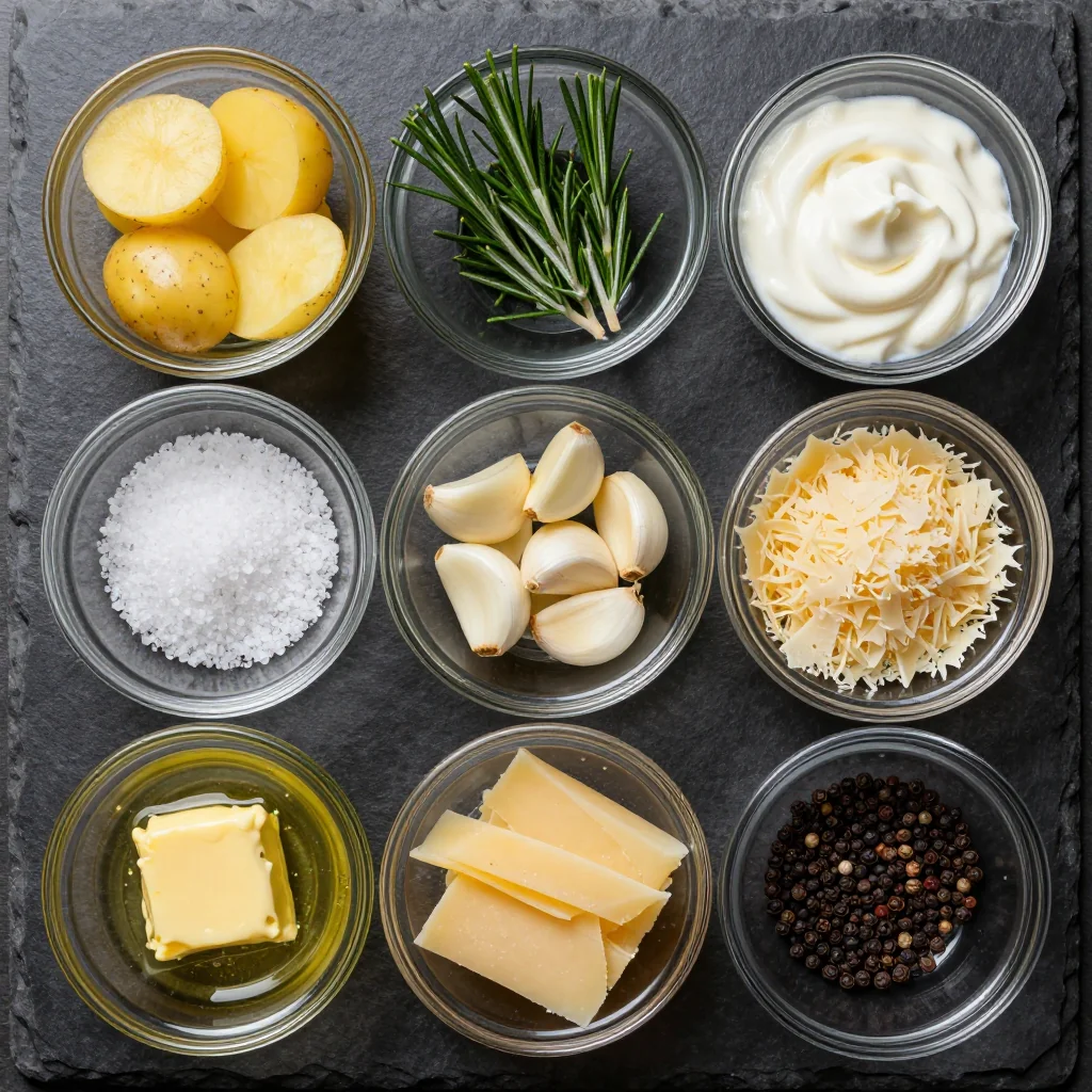 Ingredients for creamy garlic and rosemary potato gratin for family comfort meals