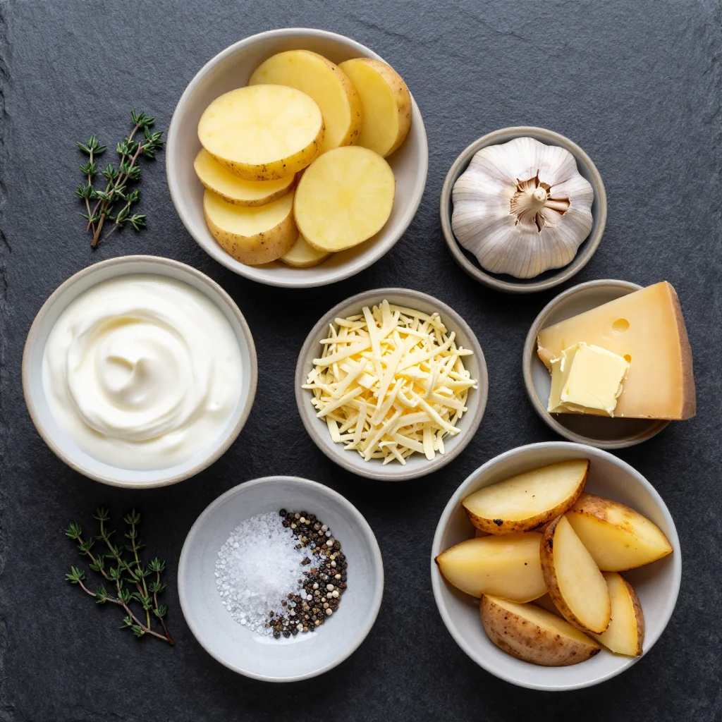 Ingredients for creamy garlic potato gratin with roasted turnips for cozy dinners