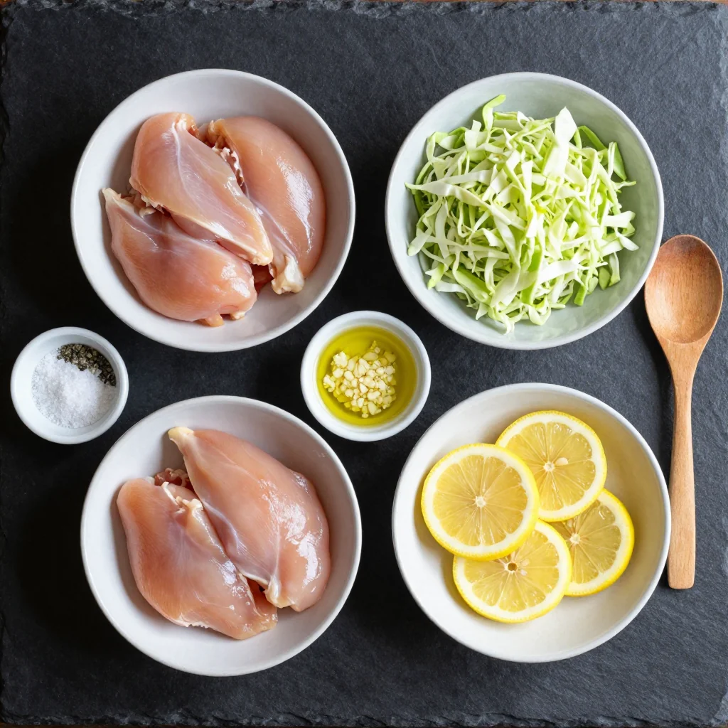 Ingredients for creamy lemon chicken and cabbage skillet for clean eating families