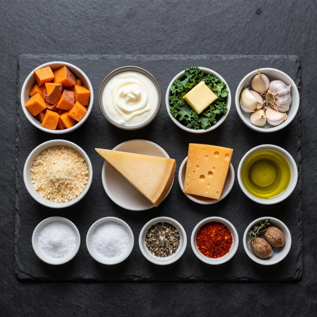 Sweet potatoes, kale, cheeses, herbs, and spices neatly arranged on a wooden board