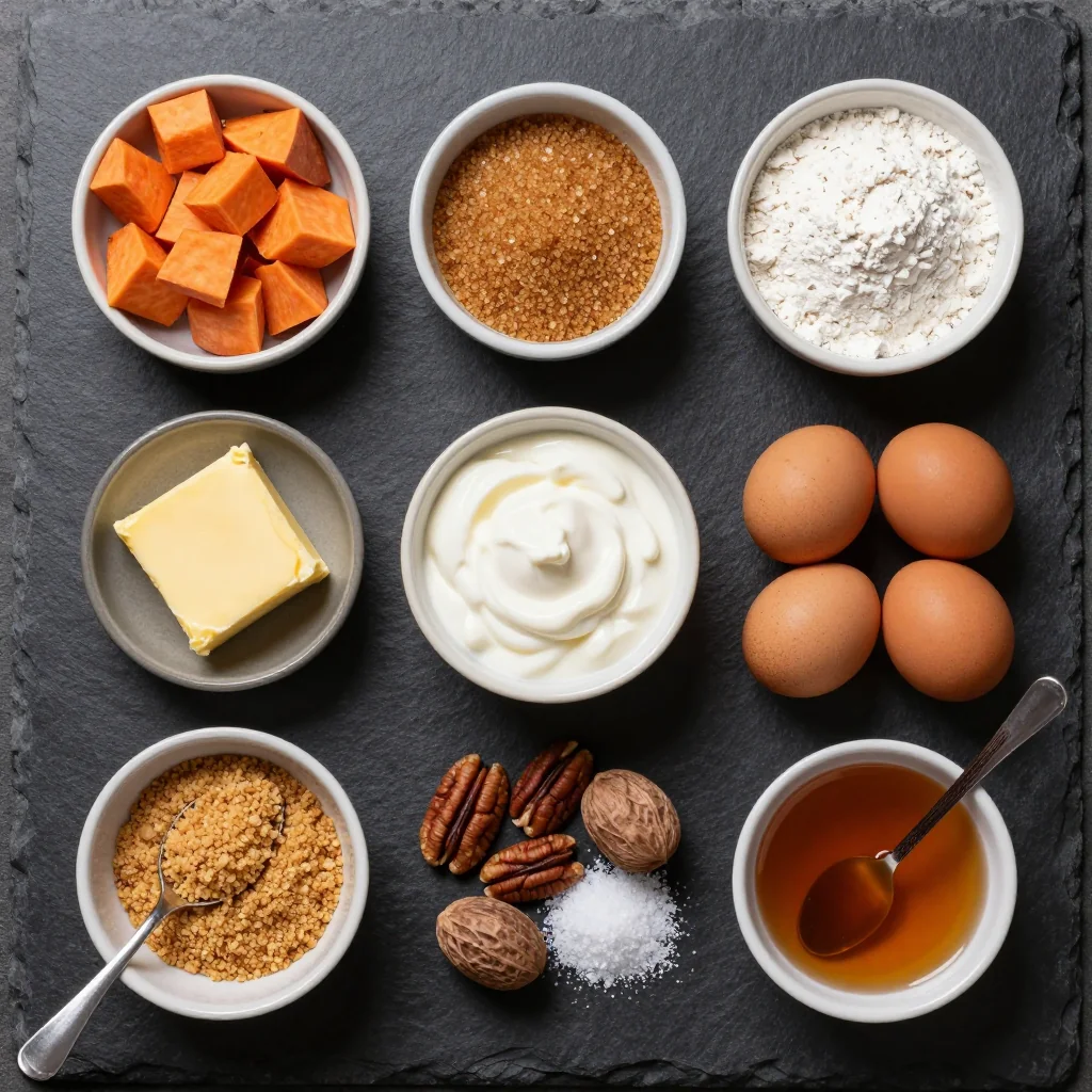 Ingredients for creamy sweet potato casserole with maple pecan streusel for festive dinners