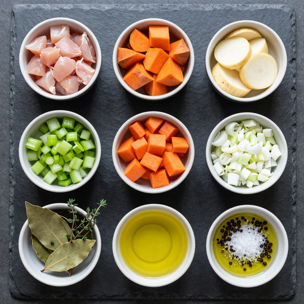 Ingredients for easy meal prep chicken and winter vegetable soup for busy weeknights