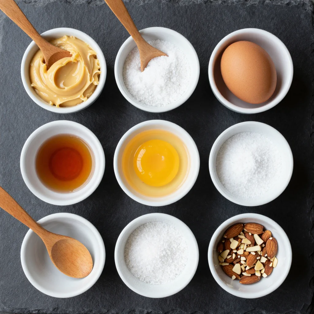 Almond butter, coconut sugar, egg, vanilla, almond flour, baking soda, salt, dark chocolate