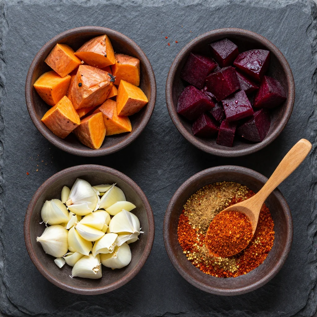 Ingredients for garlic roasted sweet potato and beet salad with warm spices for budget meals