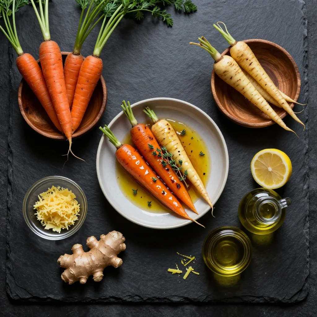 Ingredients for ginger lemon roasted carrots and parsnips for cozy side dishes
