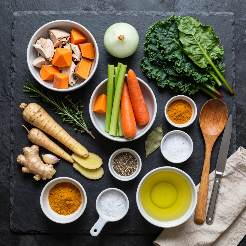Ingredients for healthy batch cooking root vegetable and chicken soup with winter greens