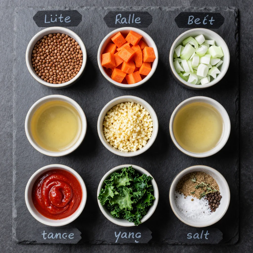 Ingredients for healthy batchcooked lentil carrot and kale stew for easy dinners