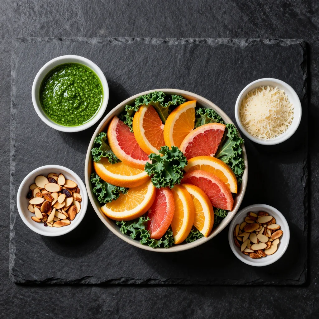 Ingredients for healthy citrus and kale salad with grapefruit and herb dressing