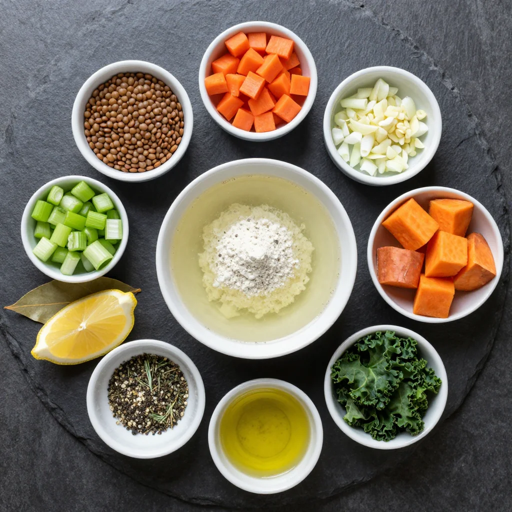 Ingredients for healthy onepot lentil and winter vegetable soup for cozy january nights