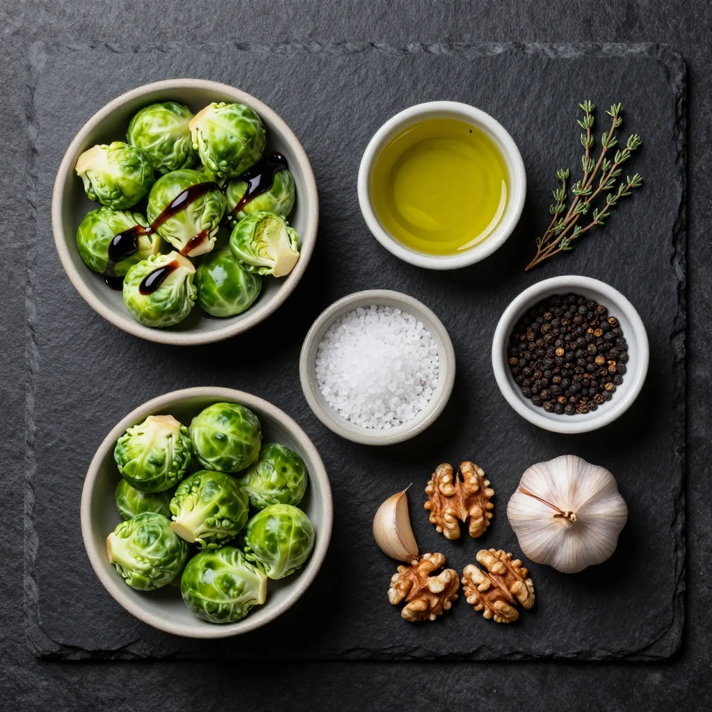 Fresh Brussels sprouts, balsamic vinegar, garlic, and olive oil arranged on a wooden cutting board