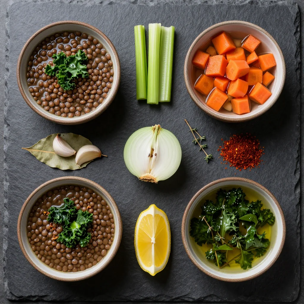 Ingredients for hearty and healthy lentil and kale soup for january family dinners
