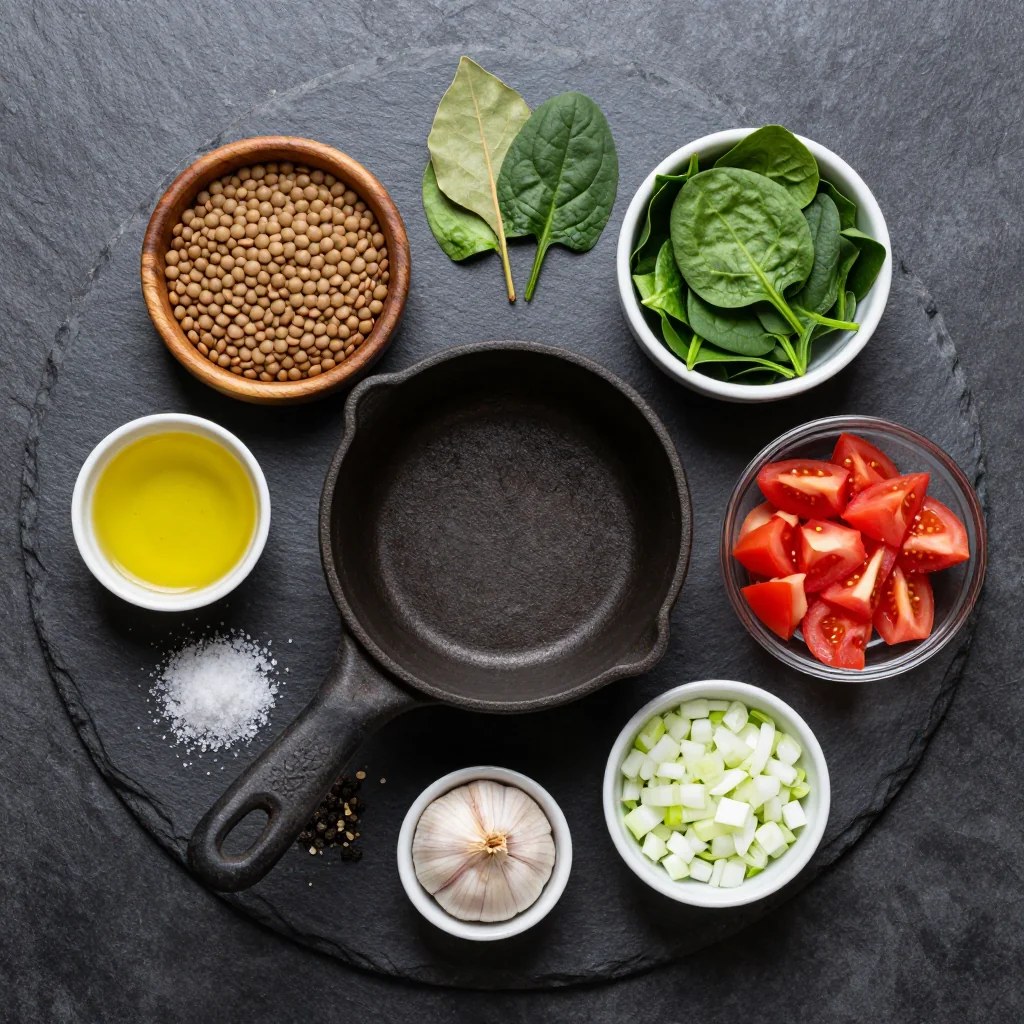Ingredients for hearty high-protein lentil and spinach stew for nourishing family meals