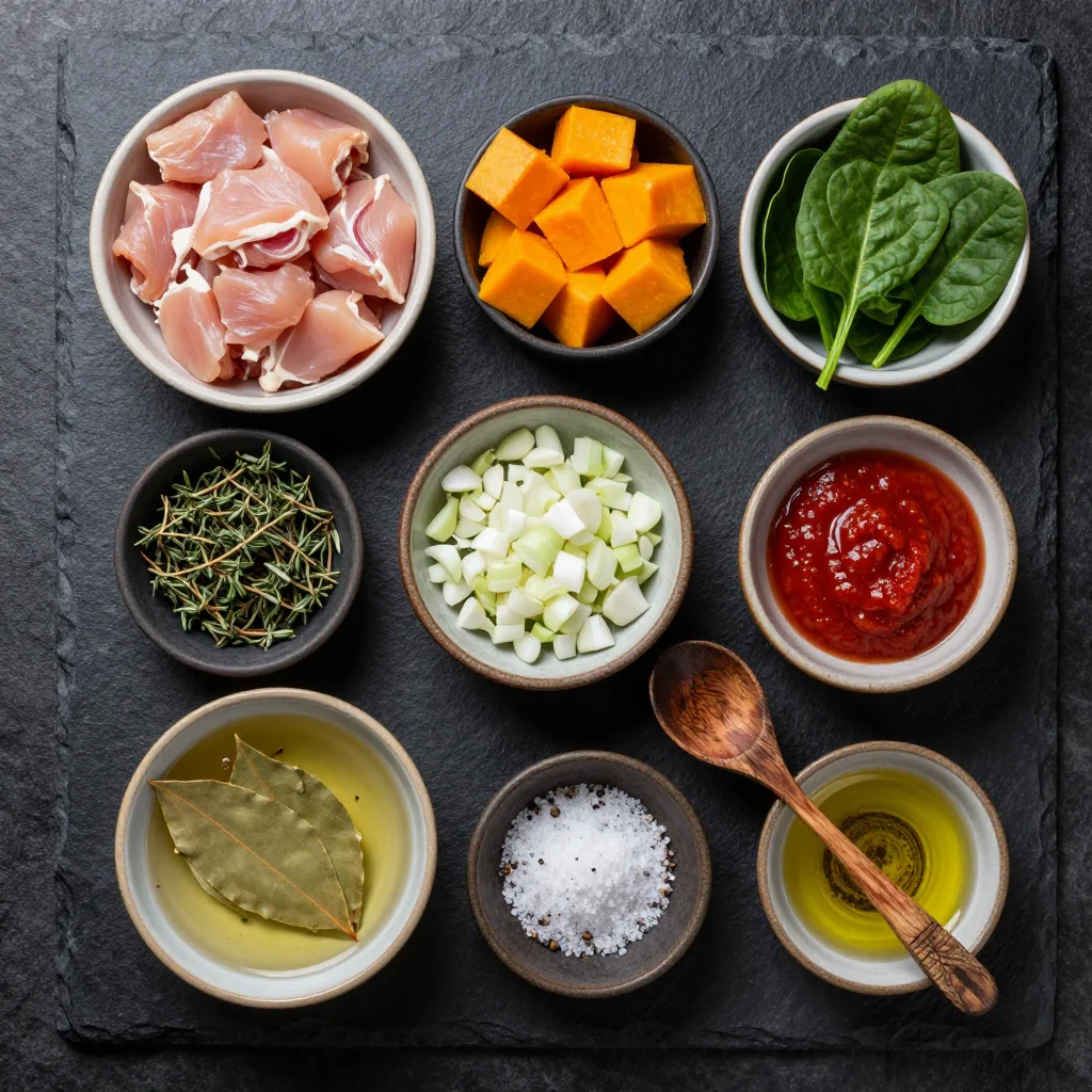 Ingredients for hearty slow cooker chicken stew with winter squash and spinach