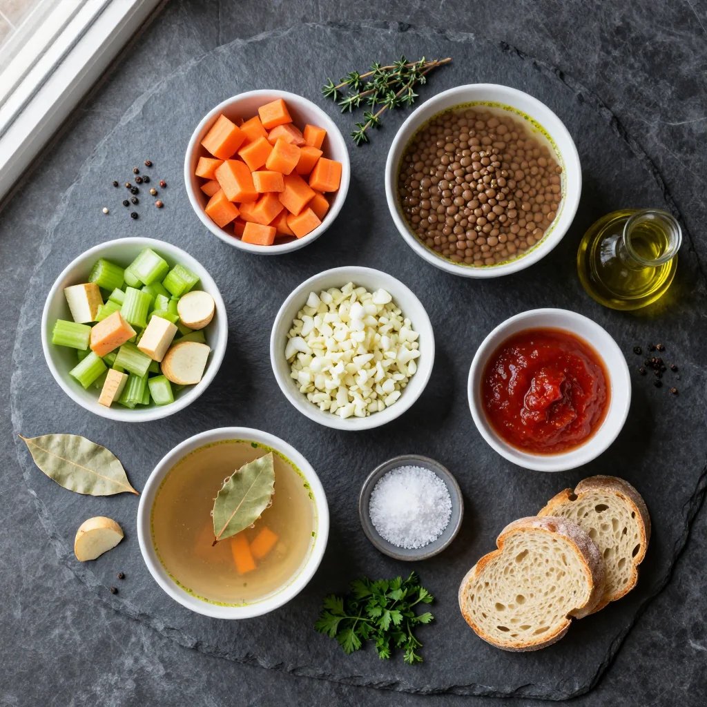Ingredients for hearty vegetable and lentil soup for cold winter family dinners
