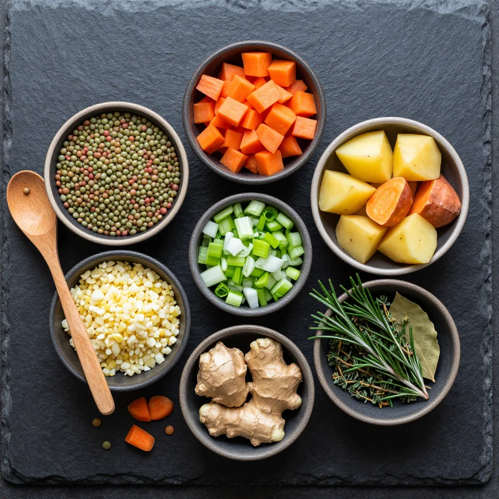 Ingredients for high protein lentil and root veggie stew for cold winter evenings