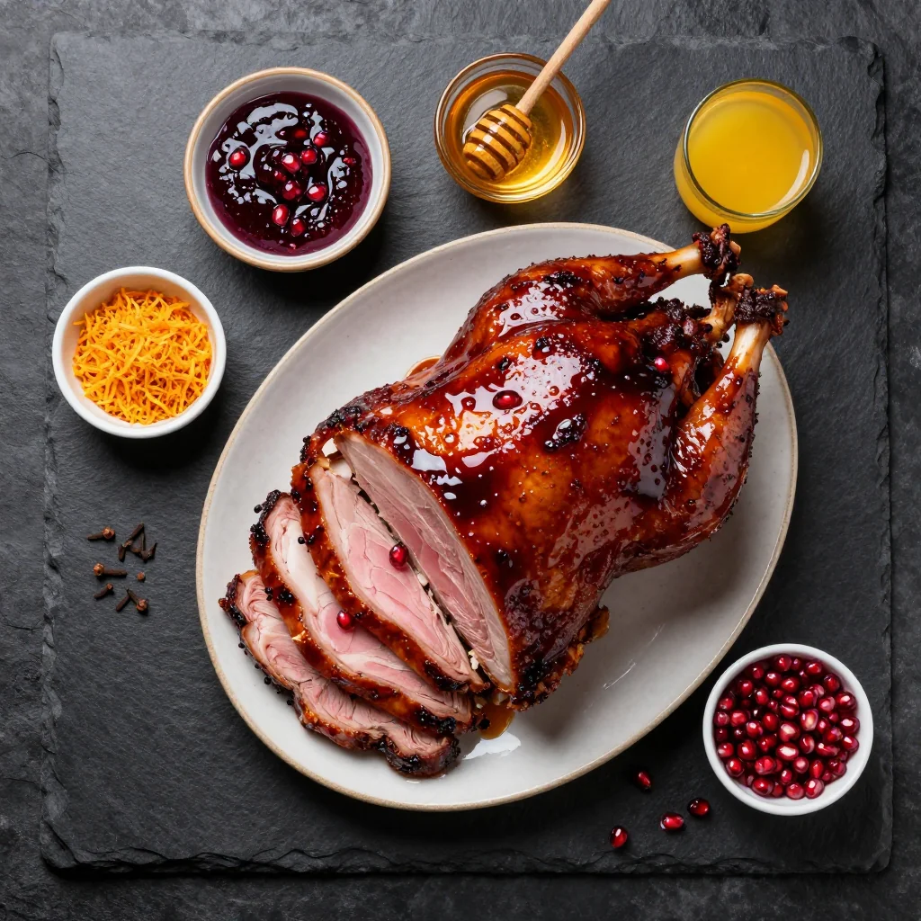 Ingredients for holiday ham glazed with pomegranate and citrus sauce