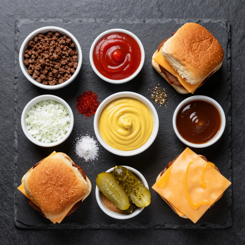 Colorful array of ground turkey, fresh vegetables, mini buns, and pantry staples neatly arranged on a wooden board
