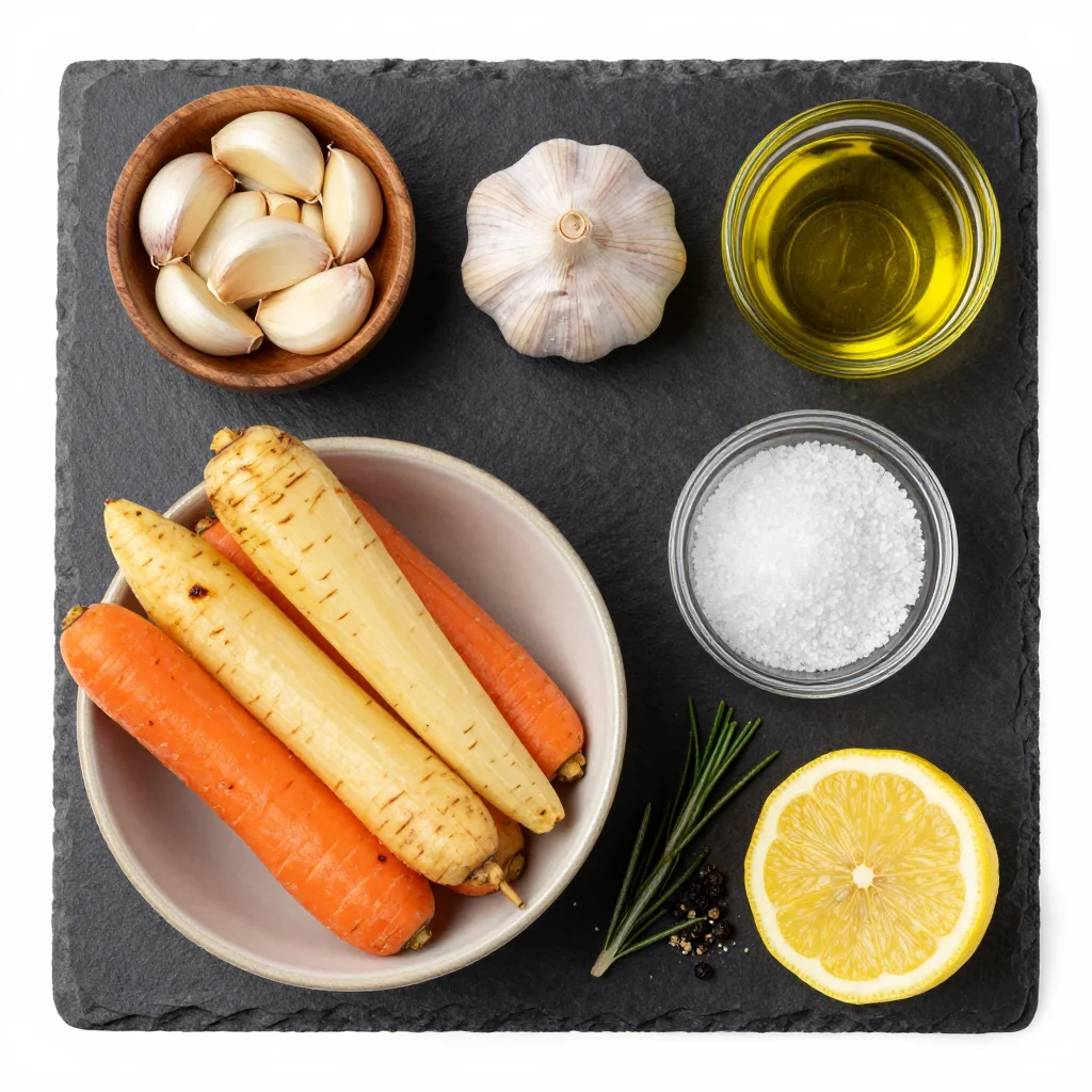 Colorful array of whole and halved root vegetables, lemon wedges, garlic bulbs, and herb sprigs scattered on a rustic wooden board