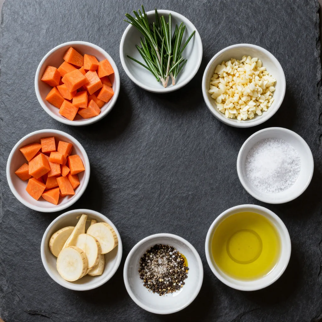 Colorful carrots, cream-colored parsnips, and sprigs of rosemary arranged on a dark board