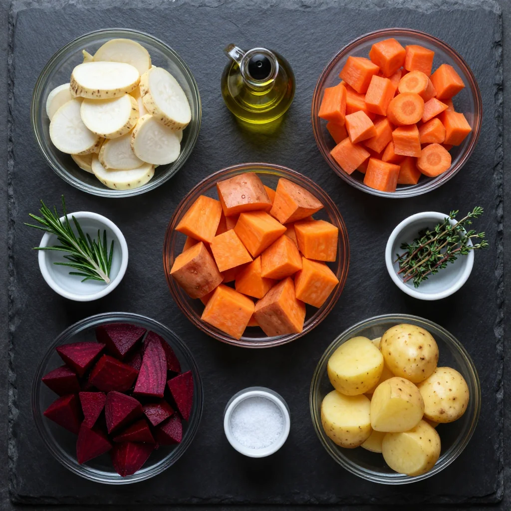 Ingredients for meal prep friendly roasted root vegetables with rosemary and thyme