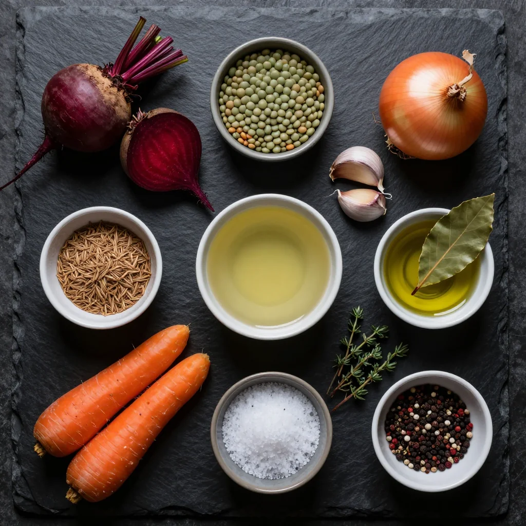 Ingredients for one pot lentil soup with beets and carrots for cold january nights