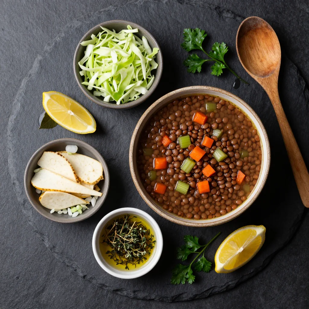 Ingredients for one pot lentil soup with cabbage and parsnips for healthy meal prep