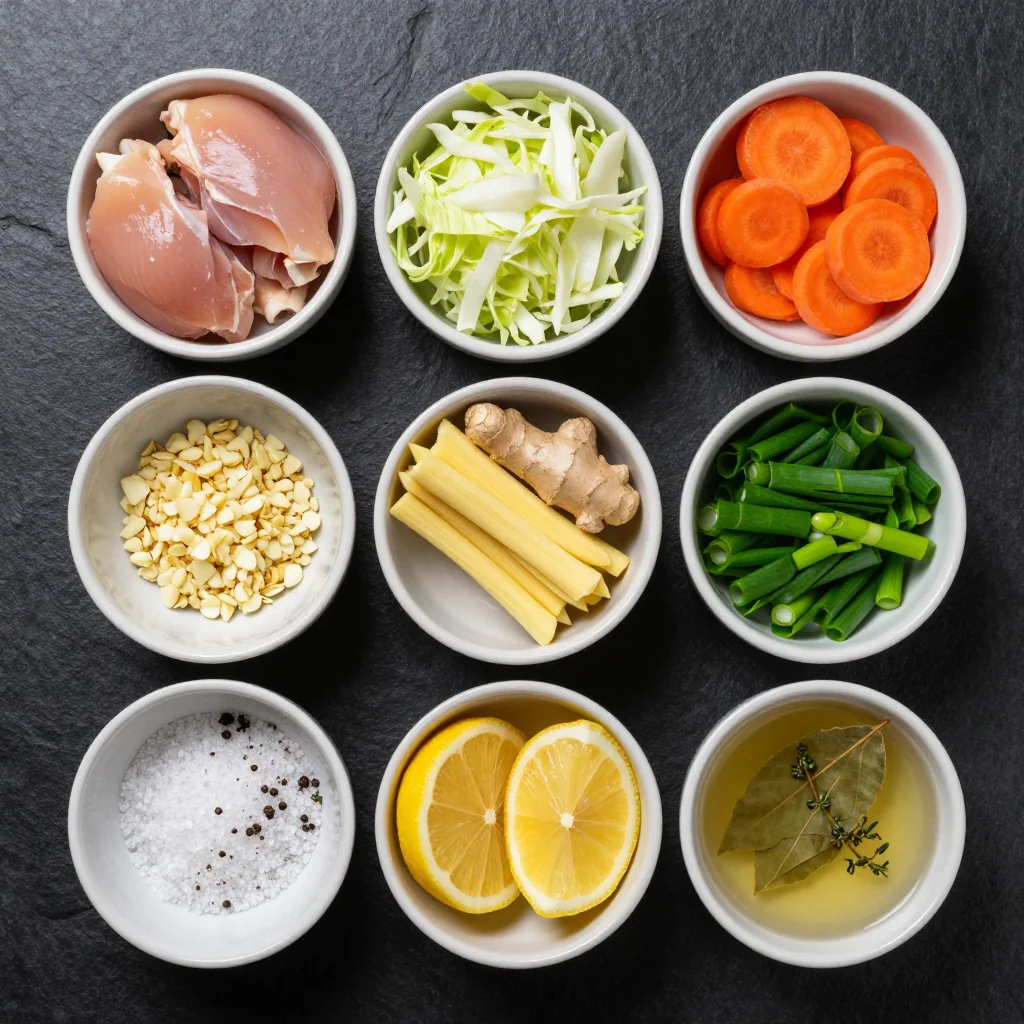 Ingredients for onepot lemon chicken and cabbage soup for clean eating family meals