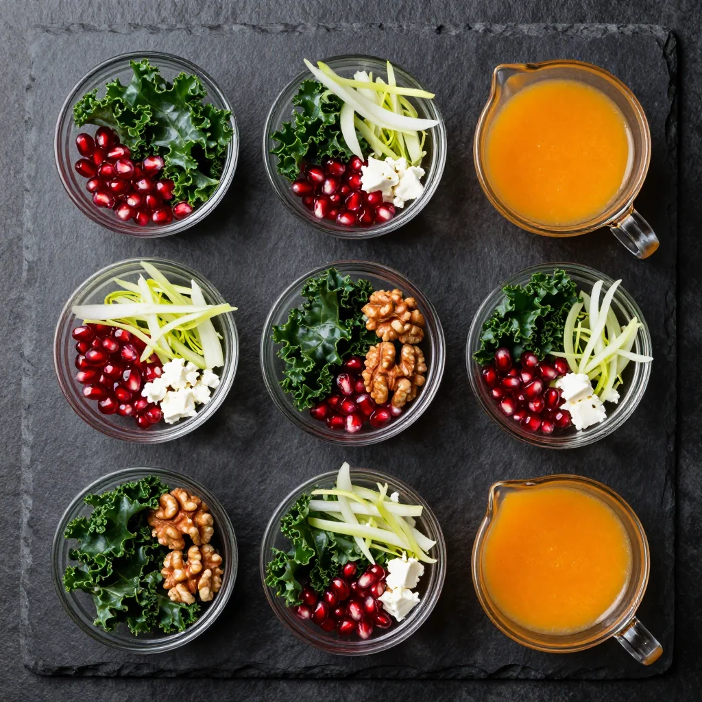 Ingredients for pomegranate and kale salad with citrus dressing for winter gatherings