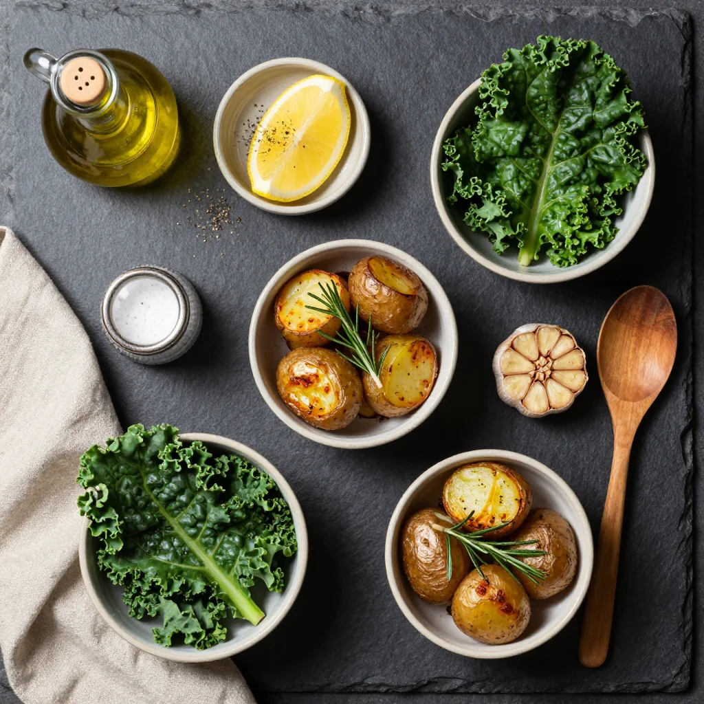Ingredients for roasted garlic and rosemary potatoes with winter greens for family dinners