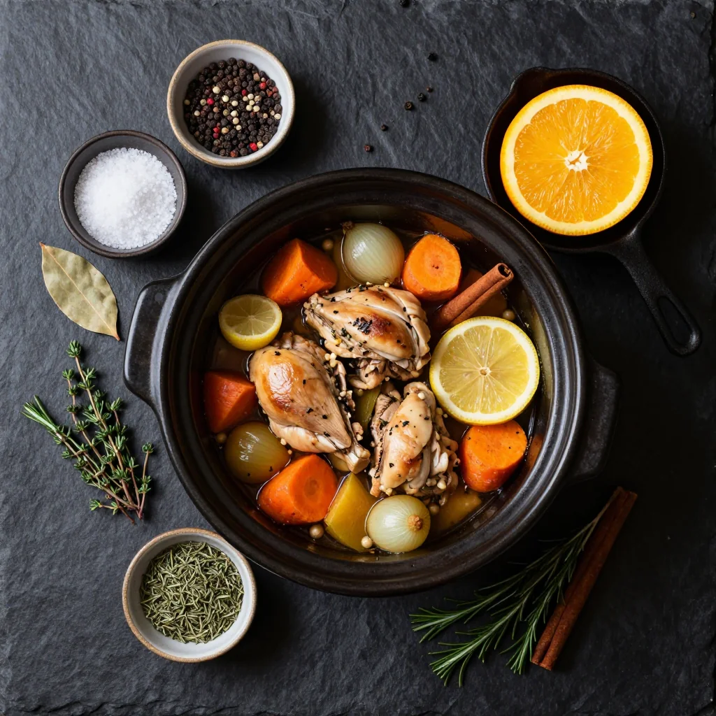 Ingredients for slow cooker citrus chicken stew with winter vegetables