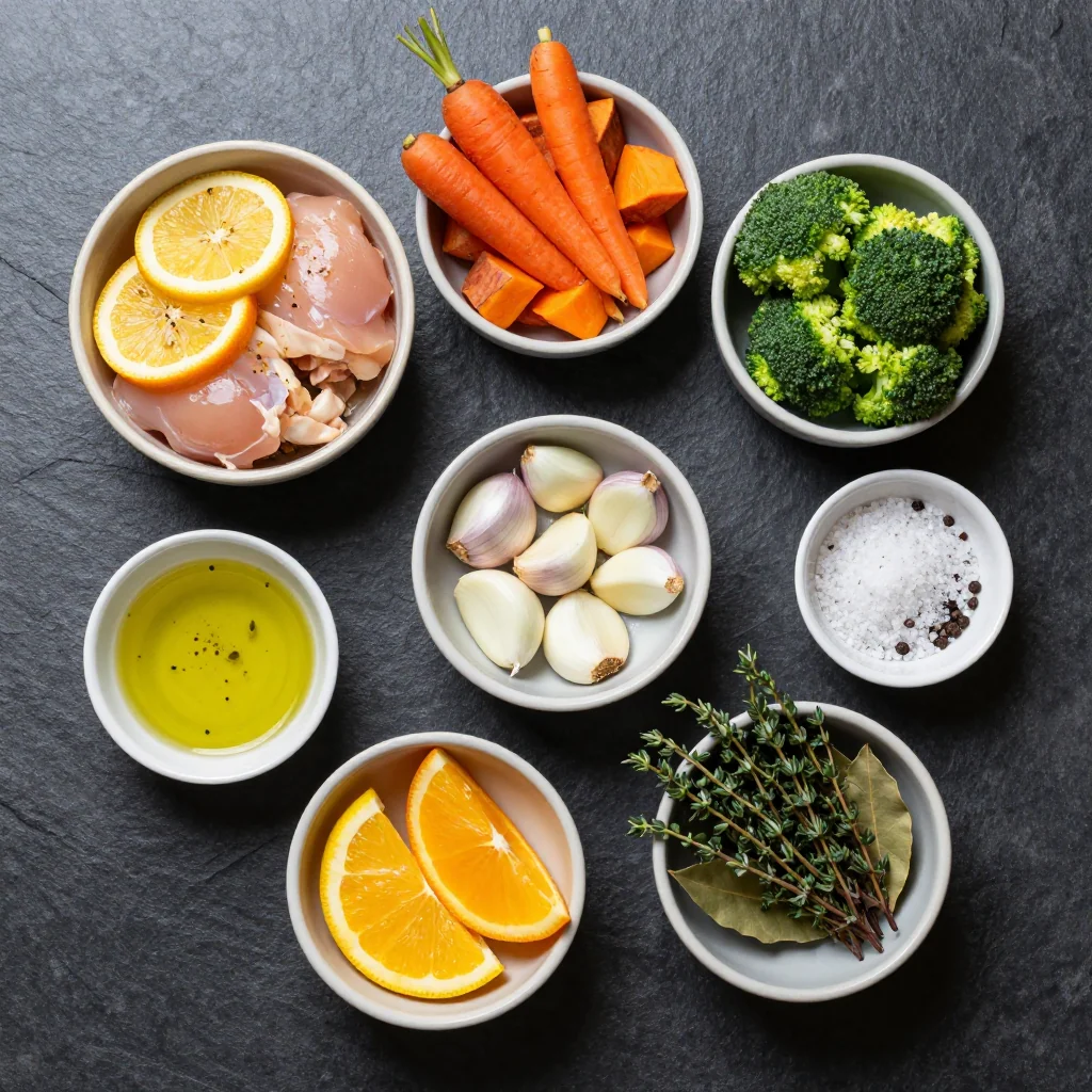 Ingredients for slow cooker detox citrus chicken with roasted winter vegetables
